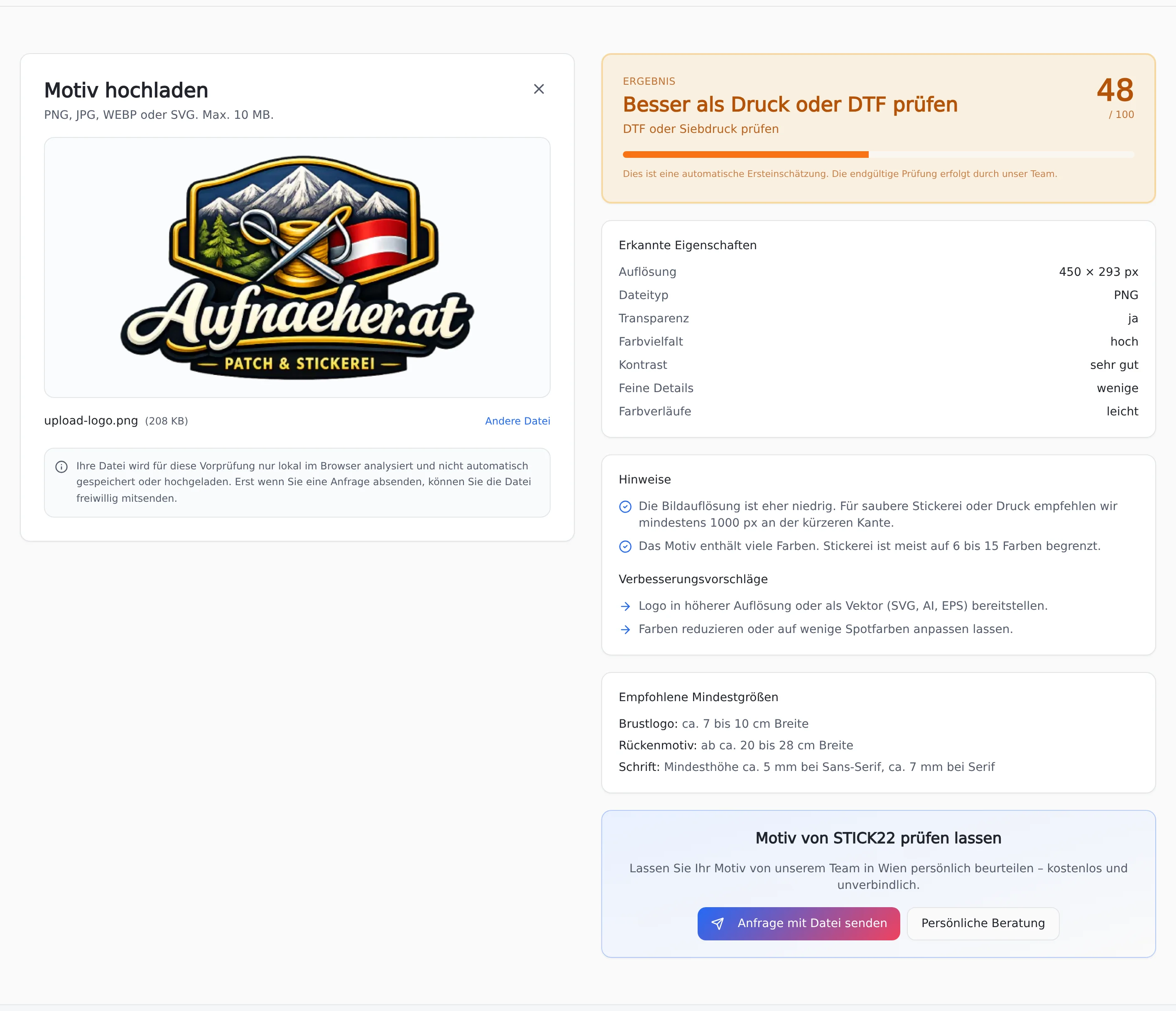 Digitale Qualitaetspruefung fuer Logos bei Aufnaehern und Stickerei